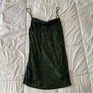 Motel Rocks x Urban Outfitters Paiva Sequin Drape Olive Green Mini Dress